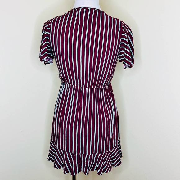 Band Of Gypsies Dress SM/MED Maroon Striped Mini Ruffle Flounce V-Neck Tie Front - Picture 5 of 7
